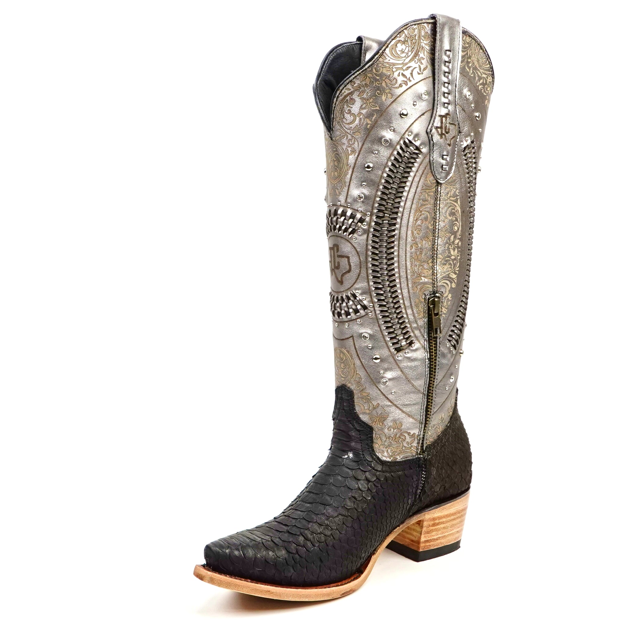 Python Black &amp; Silver Cowgirl Boots - Tall Shaft - Snip Toe (E31)