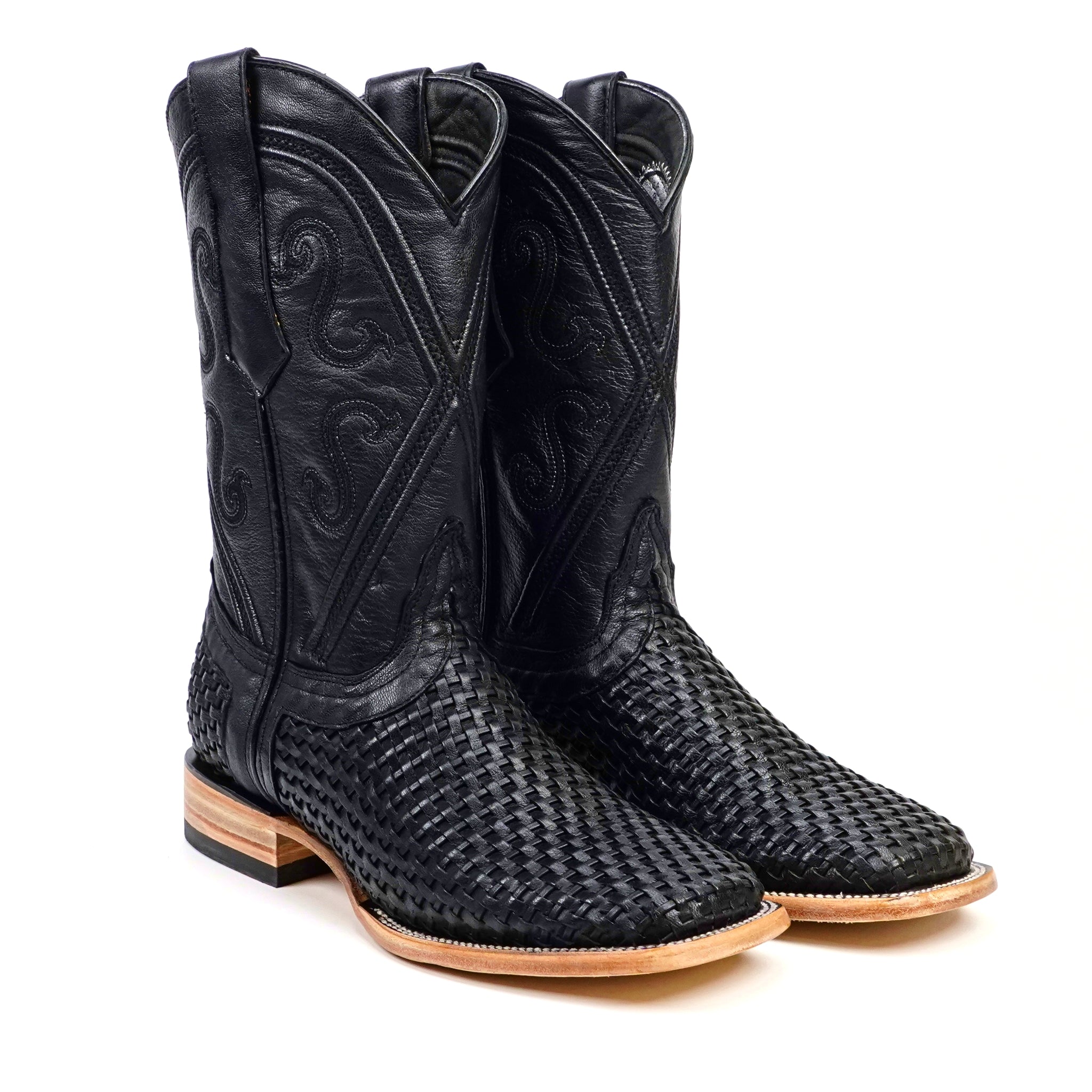 Rush Black Basketweave Boots - Square Toe (E633)
