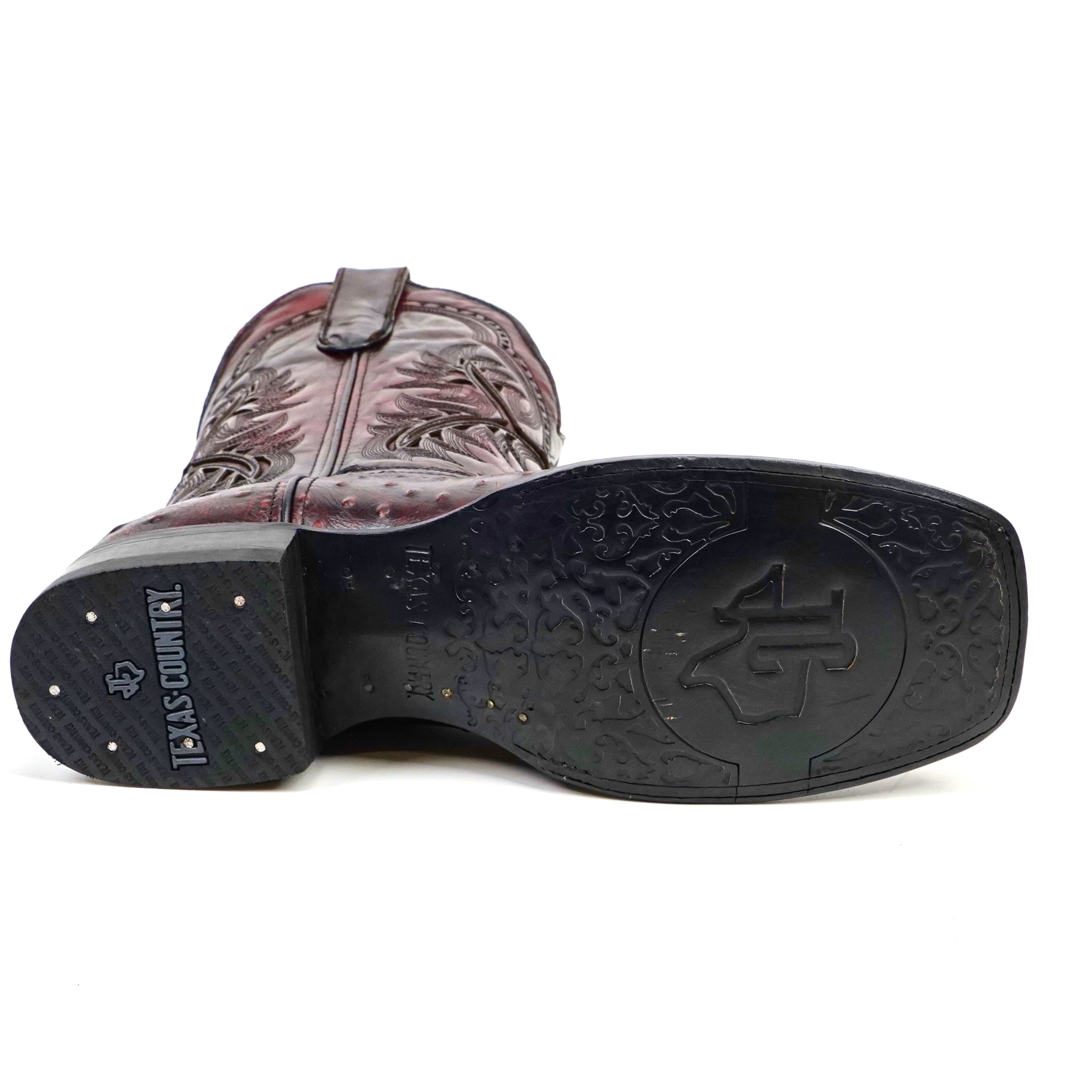 Ostrich Black Cherry Cowboy Boots - Embossed Leather - Square Toe (E424)