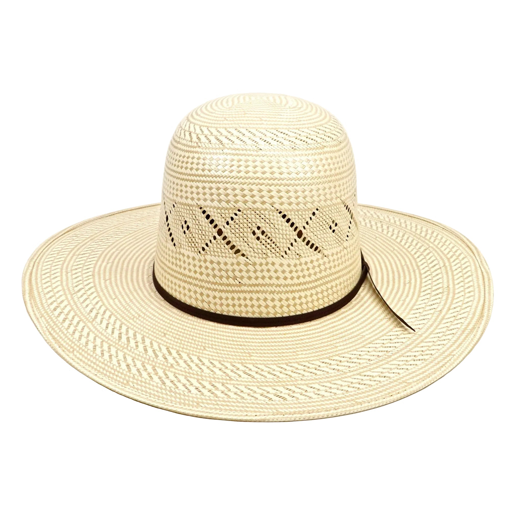 Beige straw hat with a wide brim on a white background