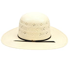 Beige straw hat with decorative pattern on a white background