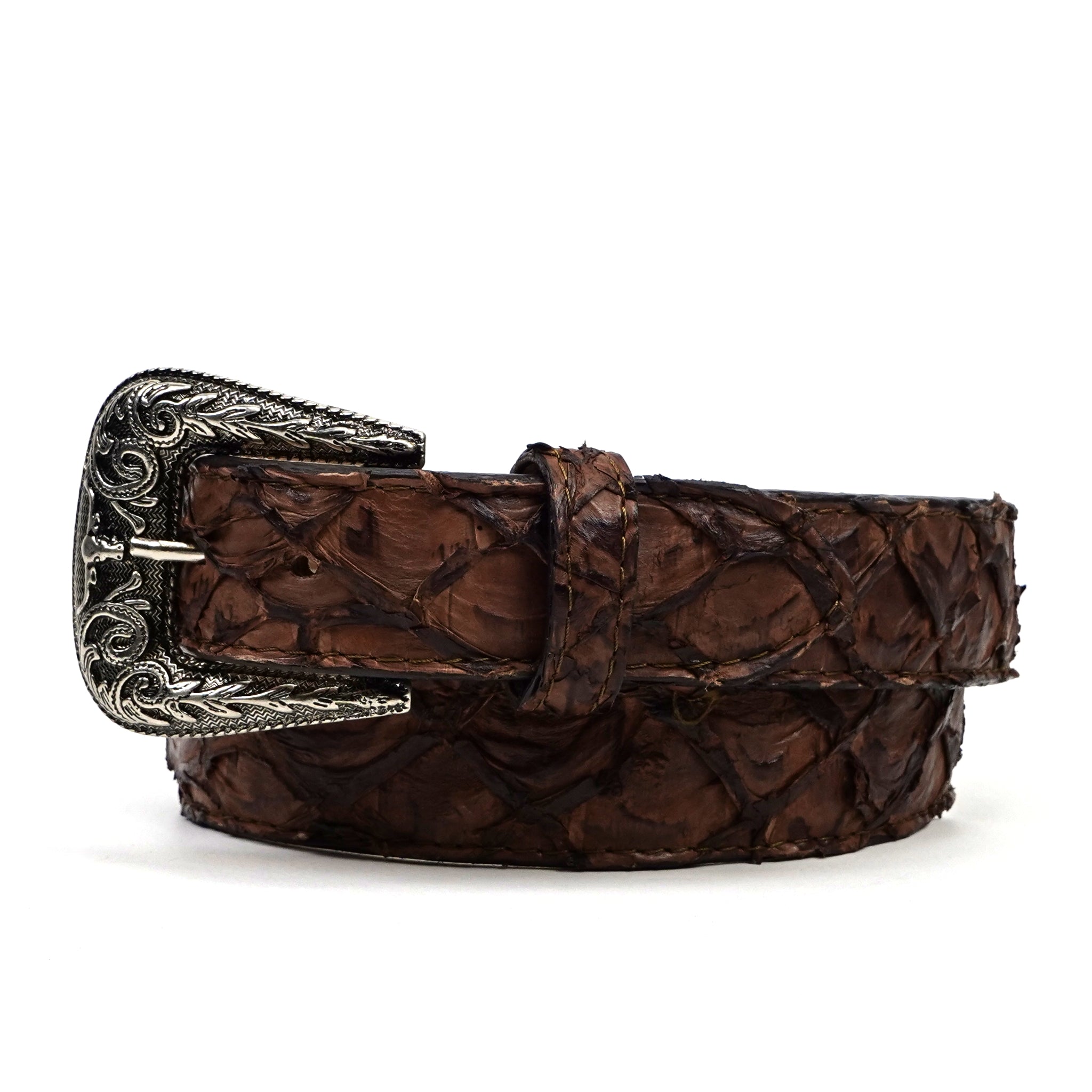 Exotic Full Quilt Pirarucu Belt - Matte Brown (C-028)