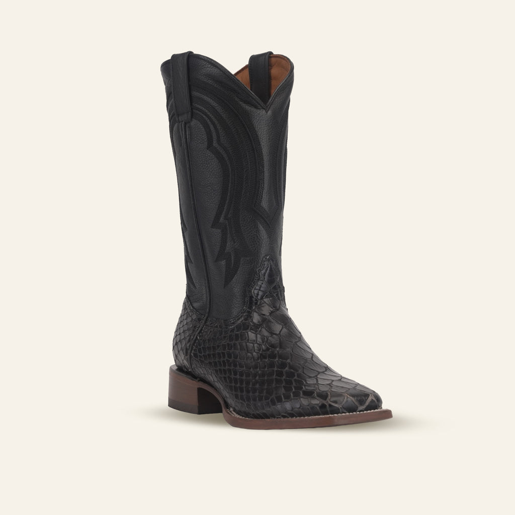Snake Cowboy Boots- Black Embossed Leather - Square Toe (E947)