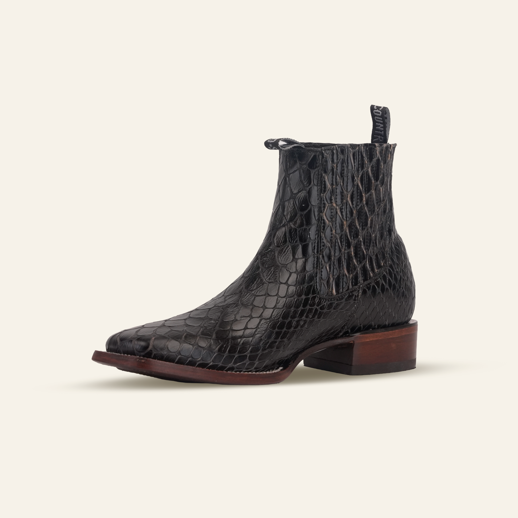 Snake Ankle Boots - Black Embossed Leather - Square Toe (E955)