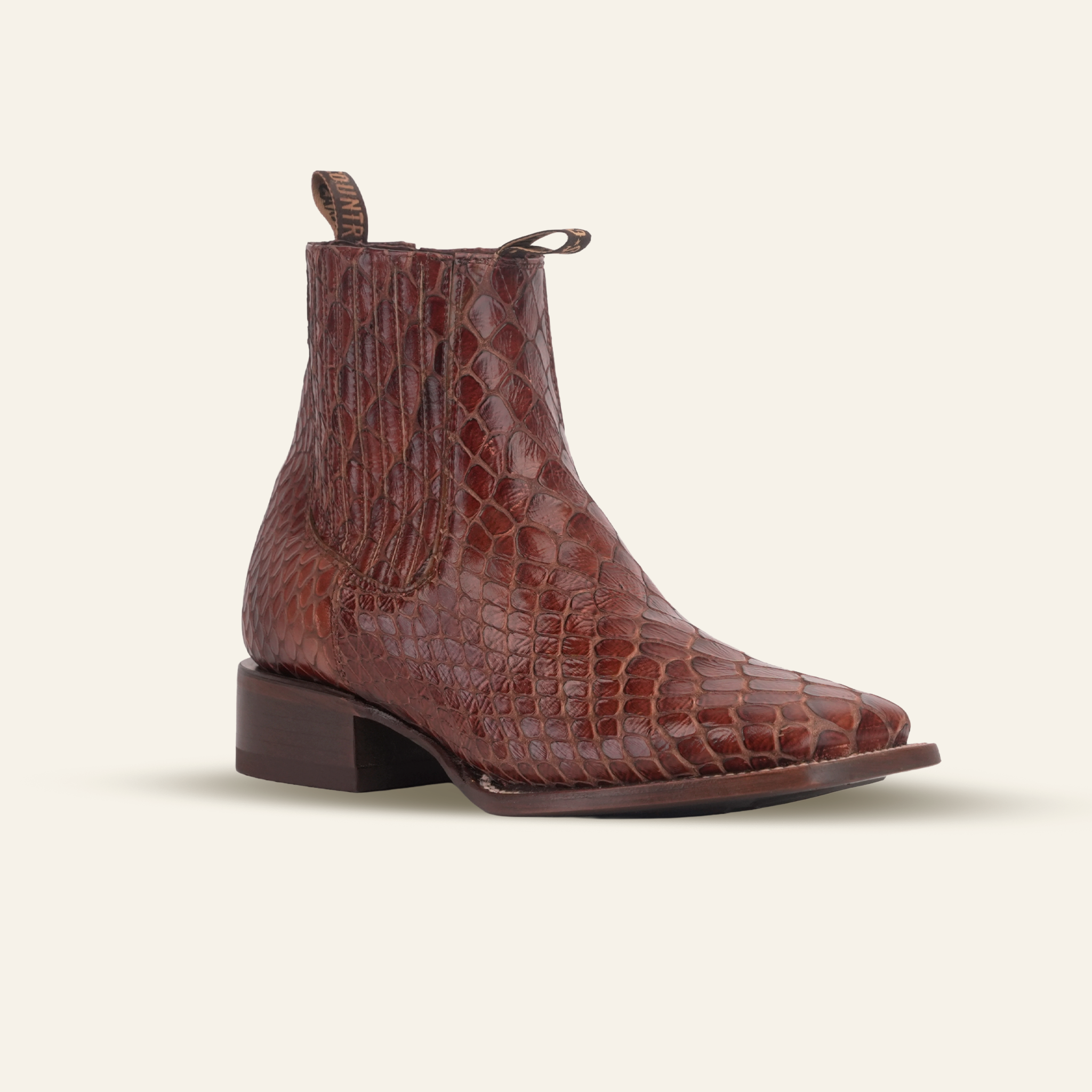 Snake Ankle Boots - Cognac Embossed Leather - Square Toe (E955)