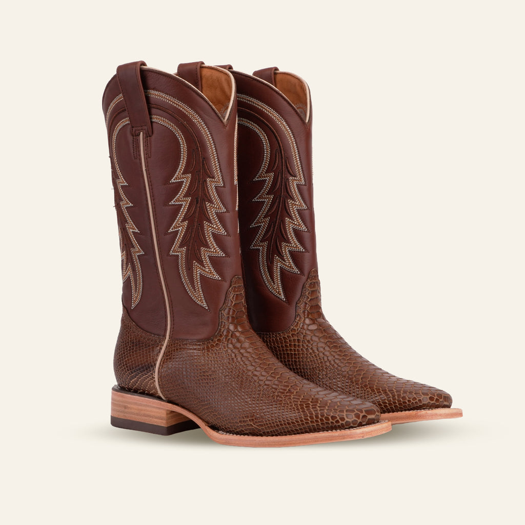 Snake Cowboy Boots - Brown Embossed Leather - Square Toe (E948)