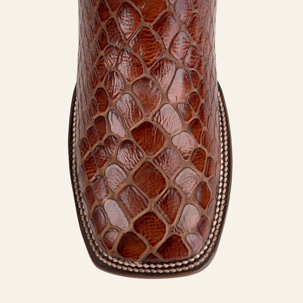 Snake Ankle Boots - Cognac Embossed Leather - Square Toe (E955)