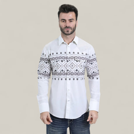 A man with short dark hair and a beard, wearing blue jeans and the Mens Western Modern Fit Cotton/Spandex Long Sleeve White Shirt with Snaps (WPL10751), stands against a plain light beige background.