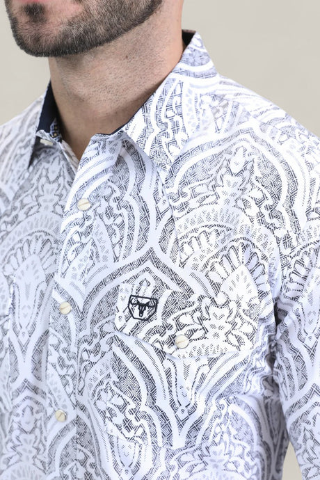 Close-up of a man wearing the Mens Western Modern Fit Cotton/Spandex Long Sleeve White Shirt with Snaps (WPL10822). The shirt is white with an abstract black and gray pattern; only his lower face and upper torso are shown.